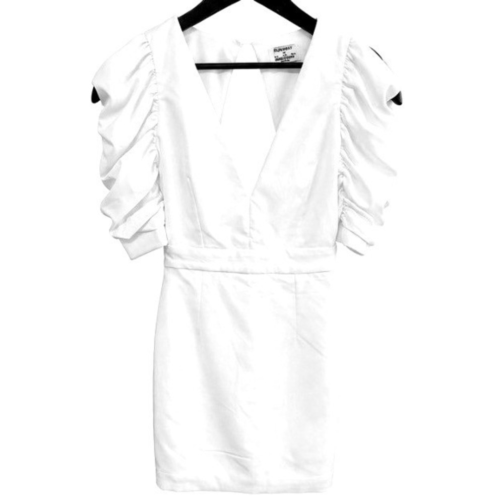 Runaway Mini Dress Women XS White EUC Open Back Ruched Puff Sleeve V-Neck